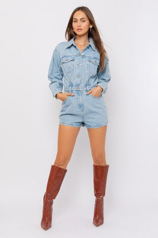 Long Sleeve Denim Romper from Rompers collection you can buy now from Fashion And Icon online shop