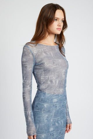 Long Sleeve Printed Mesh Top from Tops collection you can buy now from Fashion And Icon online shop