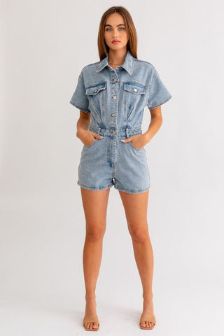 Short Sleeve Denim Romper from Rompers collection you can buy now from Fashion And Icon online shop